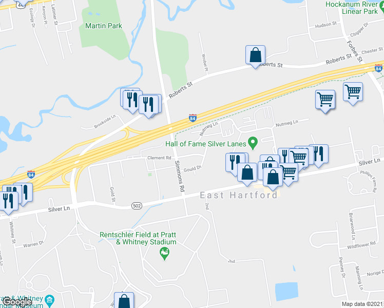 map of restaurants, bars, coffee shops, grocery stores, and more near 27 Cumberland Drive in East Hartford