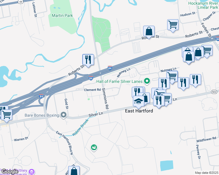 map of restaurants, bars, coffee shops, grocery stores, and more near 27 Cumberland Drive in East Hartford