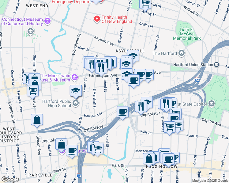 map of restaurants, bars, coffee shops, grocery stores, and more near 39 Imlay Street in Hartford