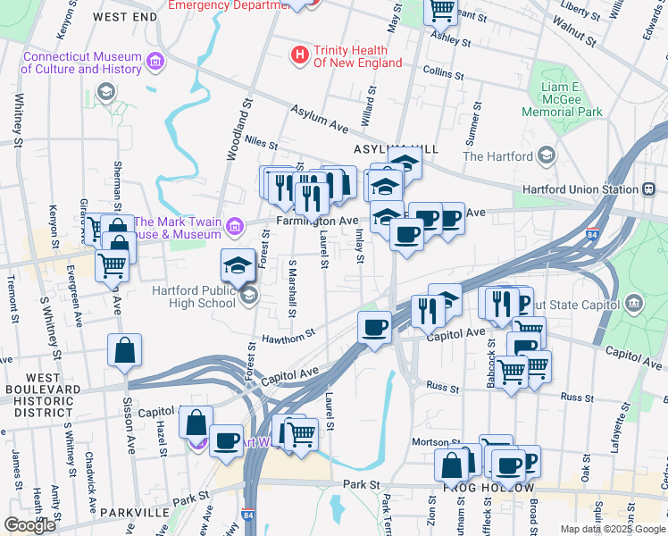 map of restaurants, bars, coffee shops, grocery stores, and more near 39 Imlay Street in Hartford