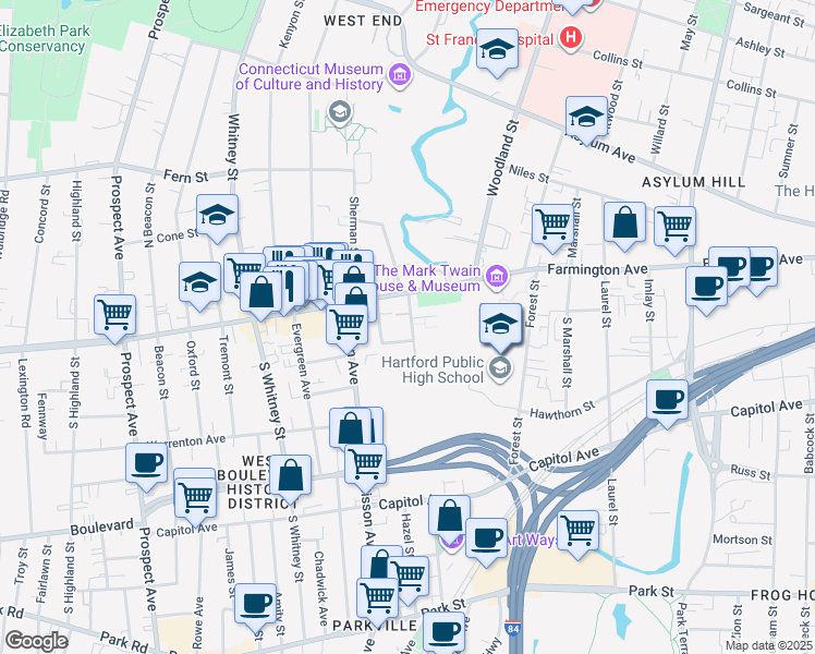 map of restaurants, bars, coffee shops, grocery stores, and more near 25 Owen Street in Hartford