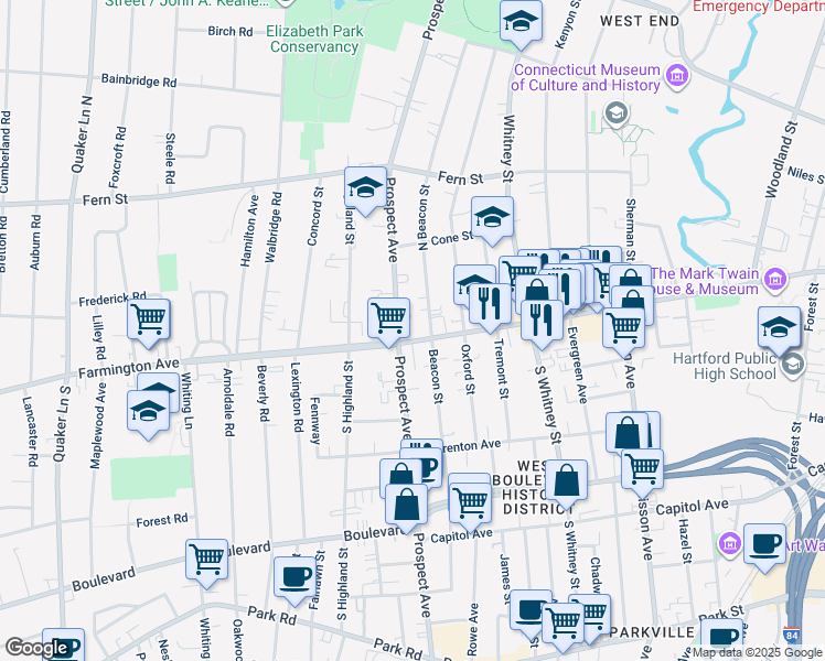 map of restaurants, bars, coffee shops, grocery stores, and more near 656 Farmington Avenue in Hartford