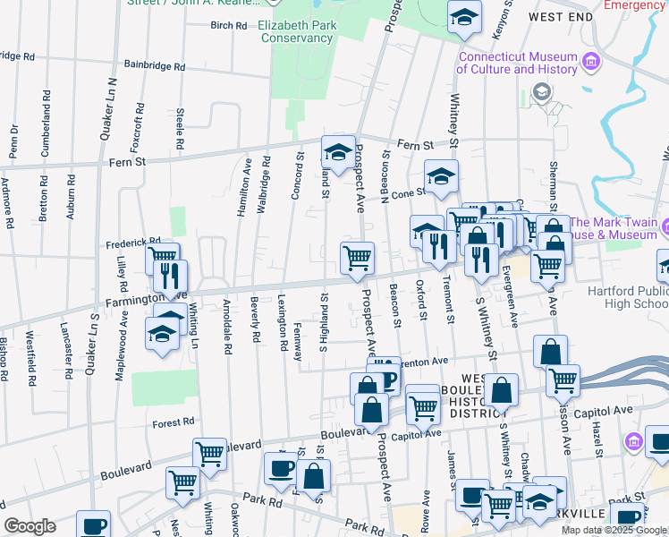map of restaurants, bars, coffee shops, grocery stores, and more near 674 Farmington Avenue in West Hartford