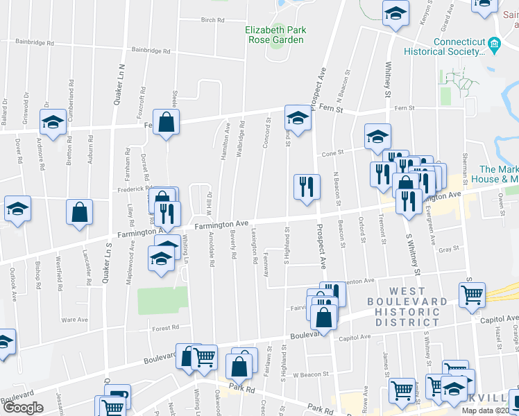 map of restaurants, bars, coffee shops, grocery stores, and more near 4 Concord Street in West Hartford