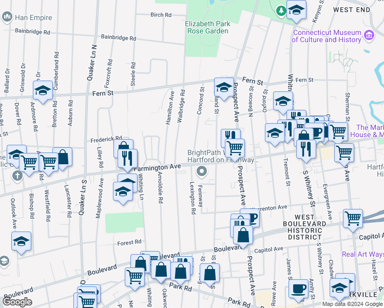 map of restaurants, bars, coffee shops, grocery stores, and more near 4 Concord Street in West Hartford