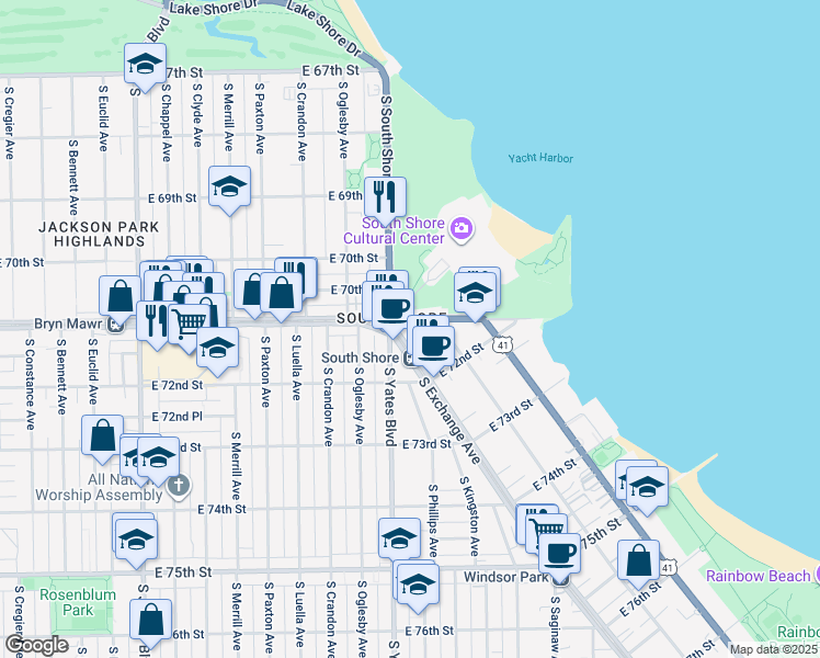 map of restaurants, bars, coffee shops, grocery stores, and more near 2419 East 71st Street in Chicago