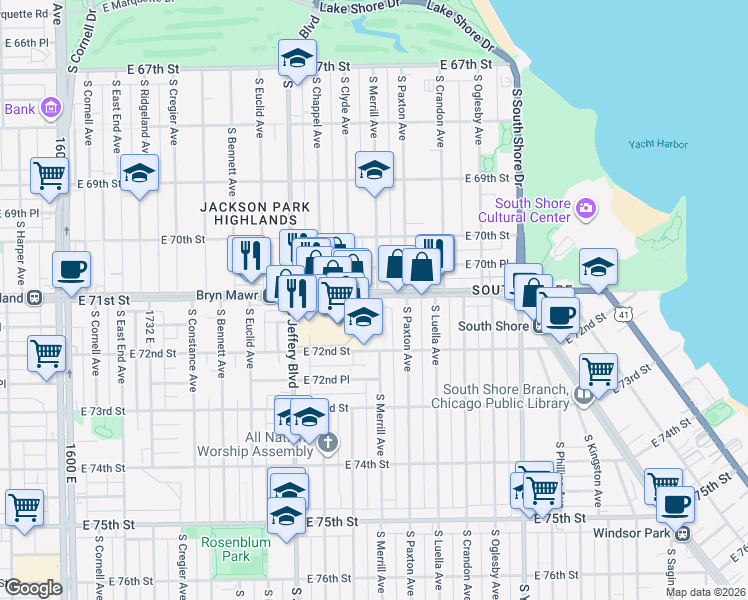 map of restaurants, bars, coffee shops, grocery stores, and more near 7104 South Merrill Avenue in Chicago