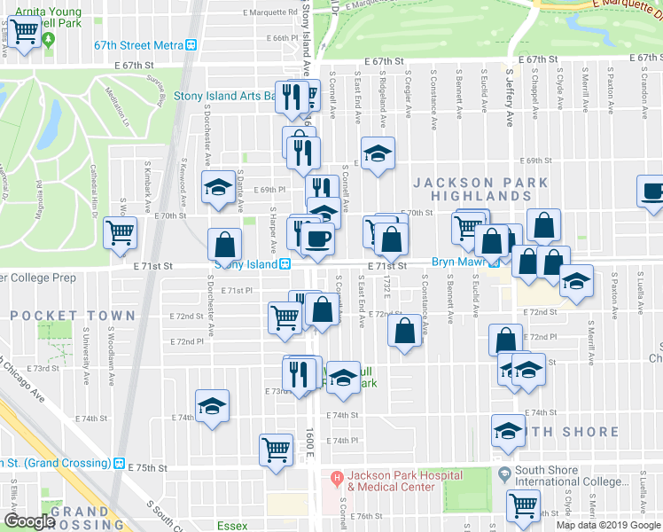 map of restaurants, bars, coffee shops, grocery stores, and more near 7100 South Cornell Avenue in Chicago