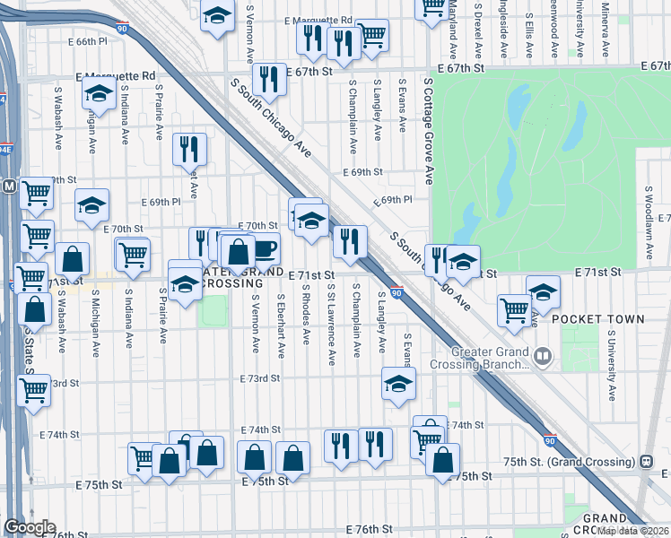 map of restaurants, bars, coffee shops, grocery stores, and more near 560 East 71st Street in Chicago
