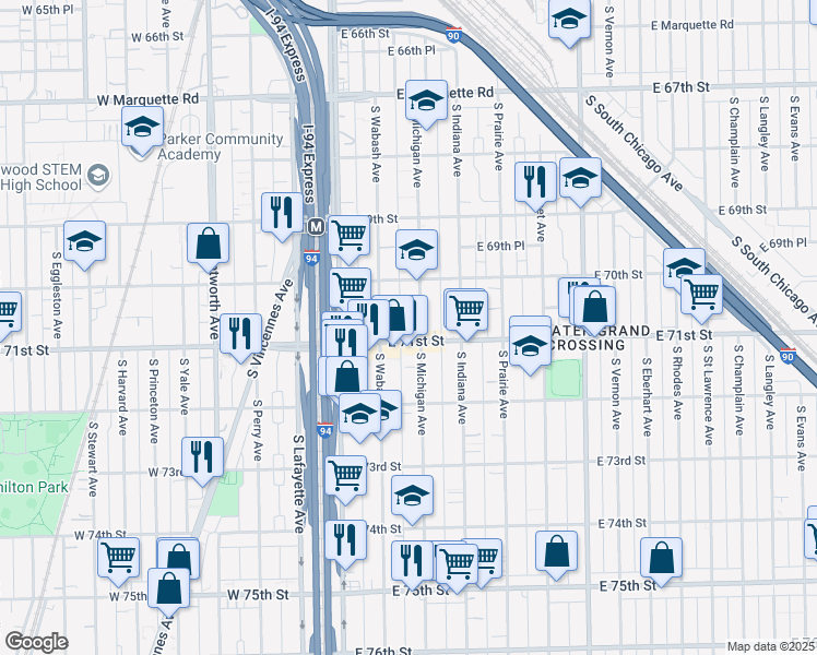map of restaurants, bars, coffee shops, grocery stores, and more near 7042 South Michigan Avenue in Chicago