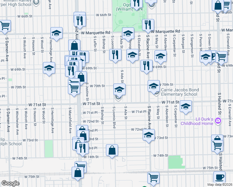 map of restaurants, bars, coffee shops, grocery stores, and more near 7017 South Loomis Boulevard in Chicago