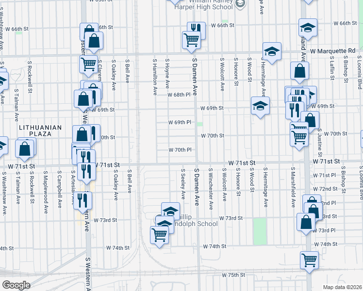 map of restaurants, bars, coffee shops, grocery stores, and more near 2036 West 70th Place in Chicago