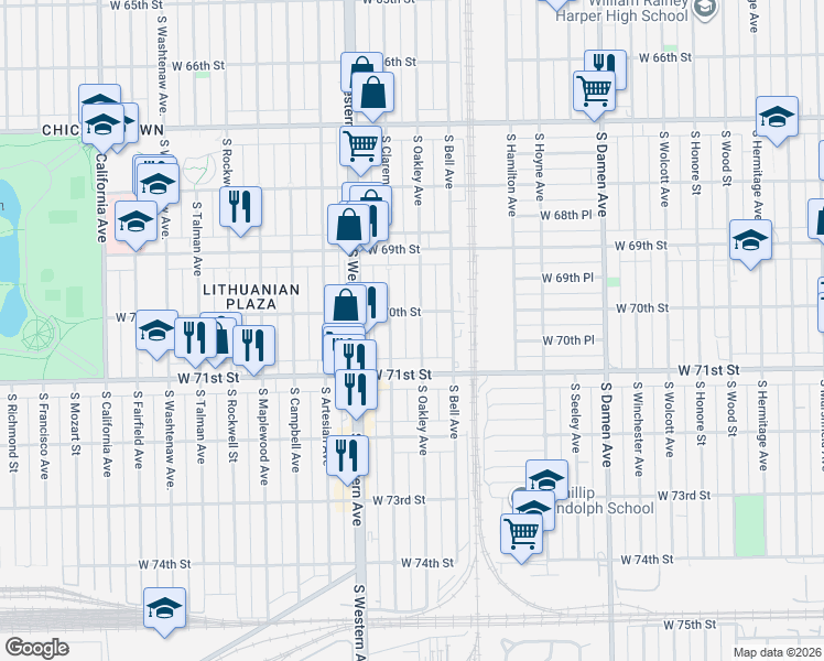 map of restaurants, bars, coffee shops, grocery stores, and more near 7014 South Oakley Avenue in Chicago