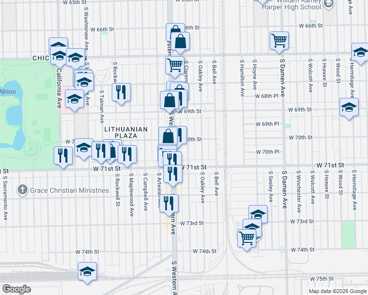 map of restaurants, bars, coffee shops, grocery stores, and more near 7016 South Claremont Avenue in Chicago