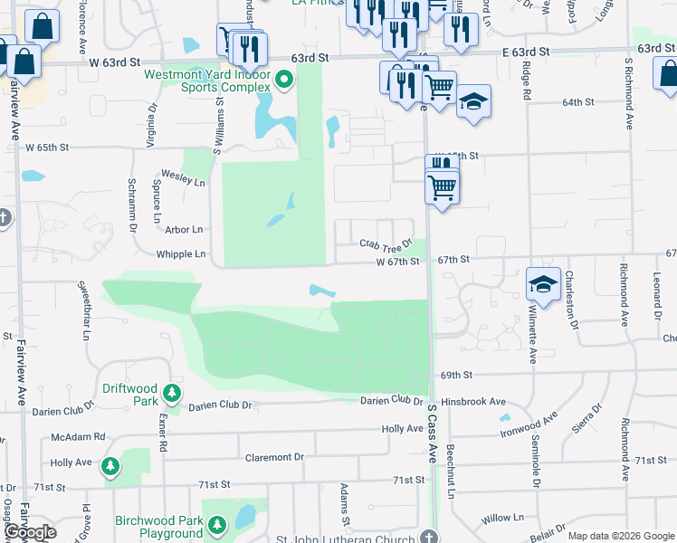 map of restaurants, bars, coffee shops, grocery stores, and more near 6708 West 67th Street in Westmont