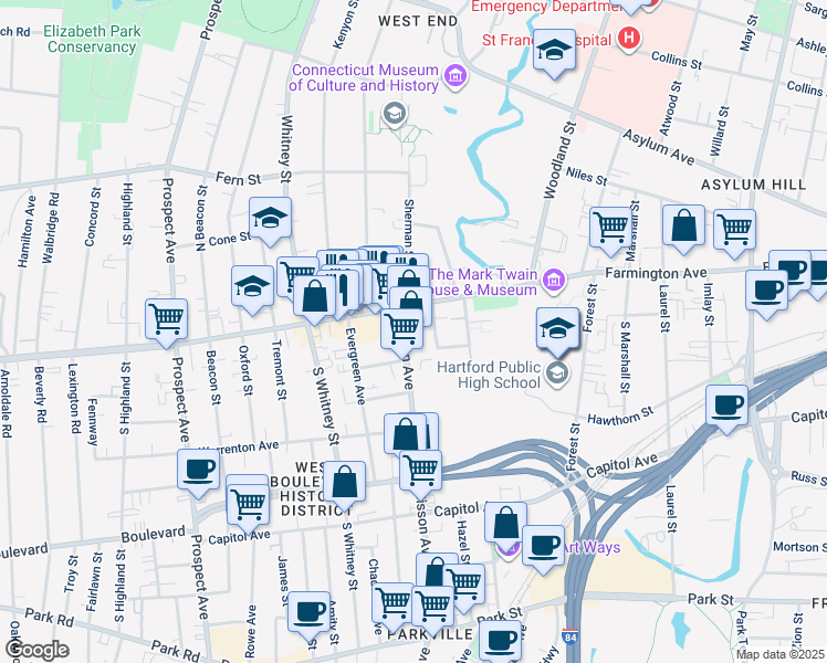 map of restaurants, bars, coffee shops, grocery stores, and more near 252 Sisson Avenue in Hartford