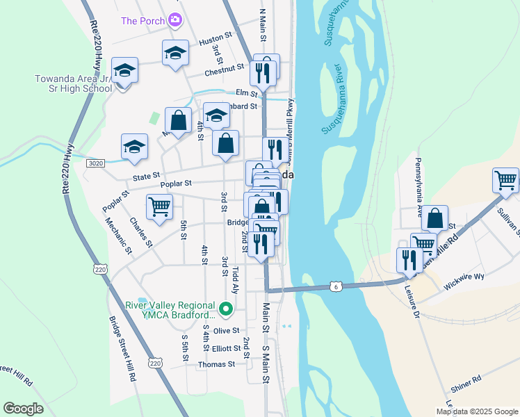 map of restaurants, bars, coffee shops, grocery stores, and more near 410 Main Street in Towanda