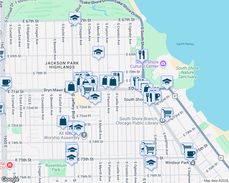 map of restaurants, bars, coffee shops, grocery stores, and more near 2237 East 71st Street in Chicago