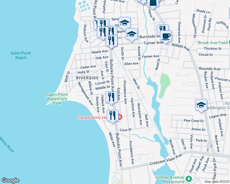 map of restaurants, bars, coffee shops, grocery stores, and more near 478 Bullocks Point Avenue in East Providence