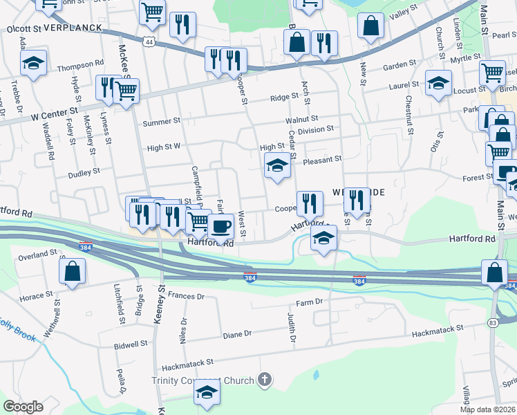 map of restaurants, bars, coffee shops, grocery stores, and more near 109 Cooper Hill Street in Manchester