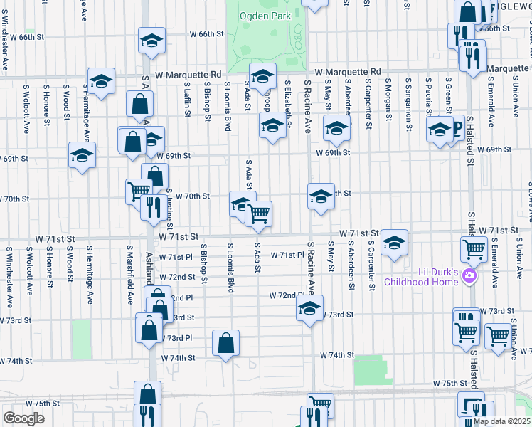 map of restaurants, bars, coffee shops, grocery stores, and more near 7024 South Throop Street in Chicago