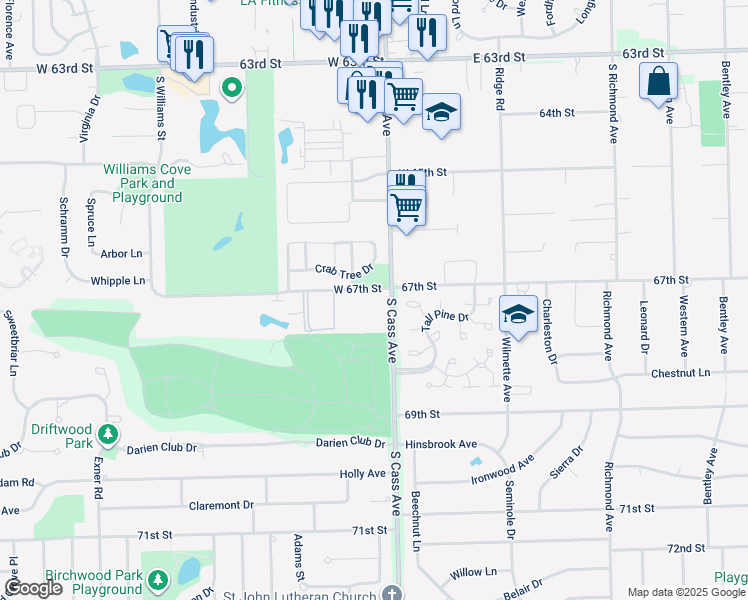 map of restaurants, bars, coffee shops, grocery stores, and more near 6706 Echo Lane in Westmont