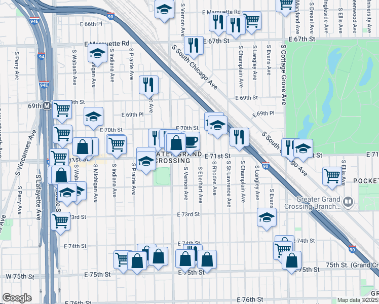 map of restaurants, bars, coffee shops, grocery stores, and more near 7055 South Vernon Avenue in Chicago