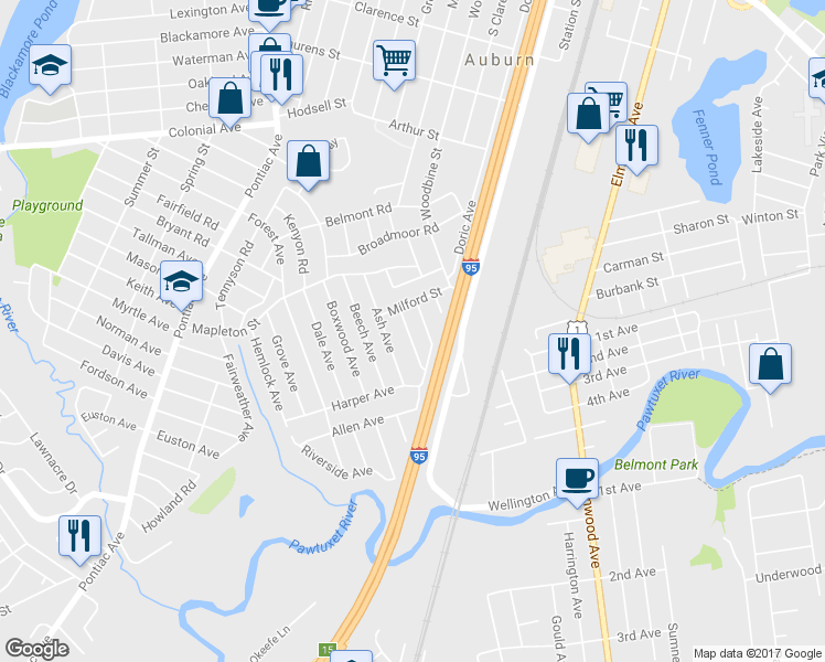 map of restaurants, bars, coffee shops, grocery stores, and more near 26 Malden Street in Cranston