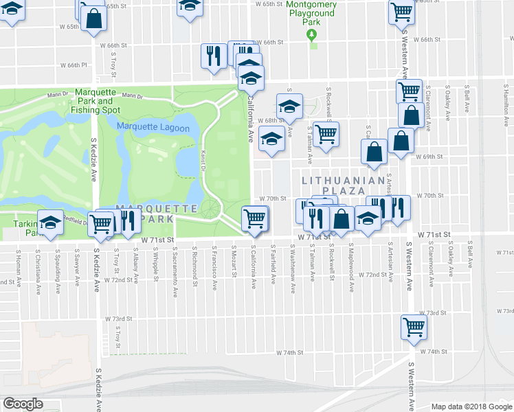 map of restaurants, bars, coffee shops, grocery stores, and more near 7009 South California Avenue in Chicago