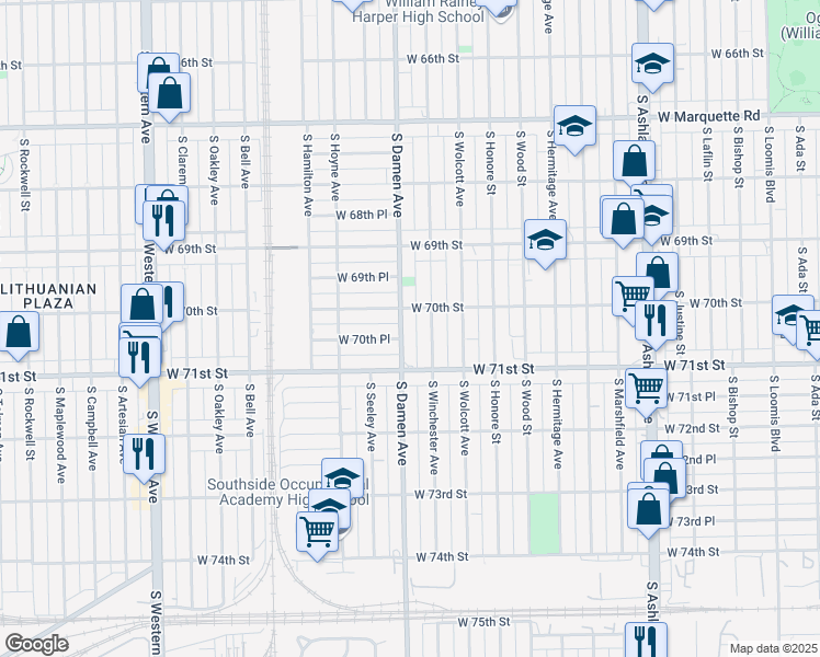 map of restaurants, bars, coffee shops, grocery stores, and more near 7019 South Damen Avenue in Chicago