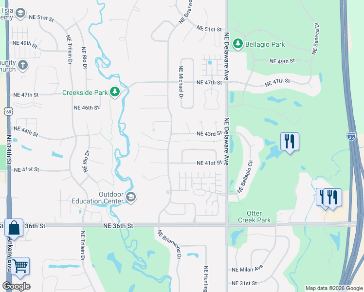 map of restaurants, bars, coffee shops, grocery stores, and more near 924 NE Otter Ridge Cir in Ankeny