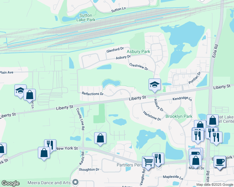 map of restaurants, bars, coffee shops, grocery stores, and more near 2423 Reflections Drive in Aurora