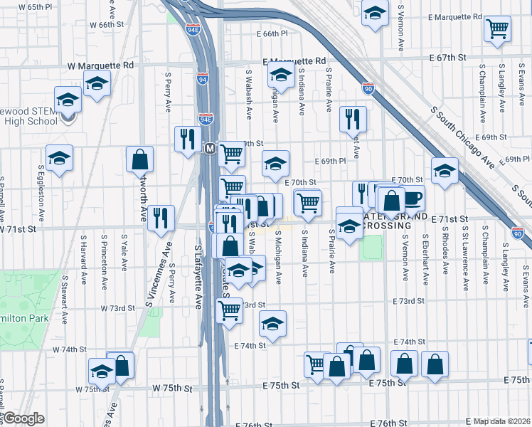 map of restaurants, bars, coffee shops, grocery stores, and more near 7042 South Michigan Avenue in Chicago