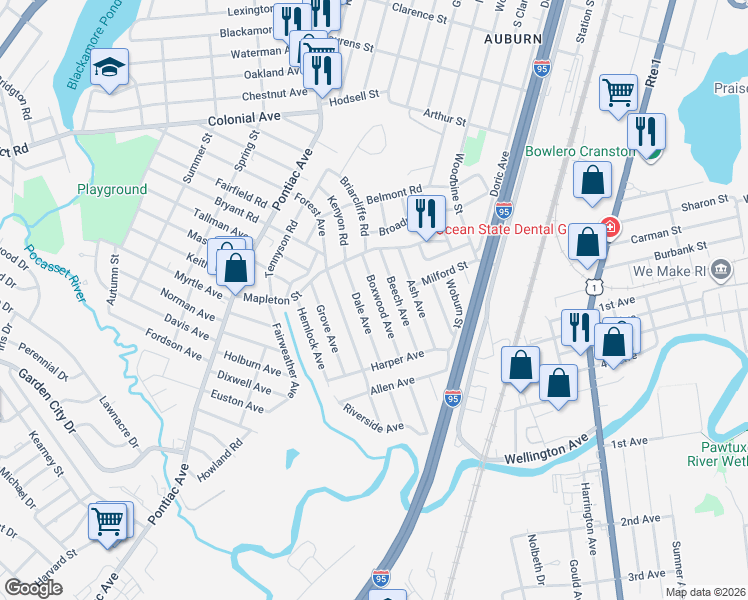 map of restaurants, bars, coffee shops, grocery stores, and more near 43 Boxwood Avenue in Cranston