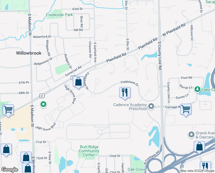 map of restaurants, bars, coffee shops, grocery stores, and more near 6825 Fieldstone Drive in Burr Ridge