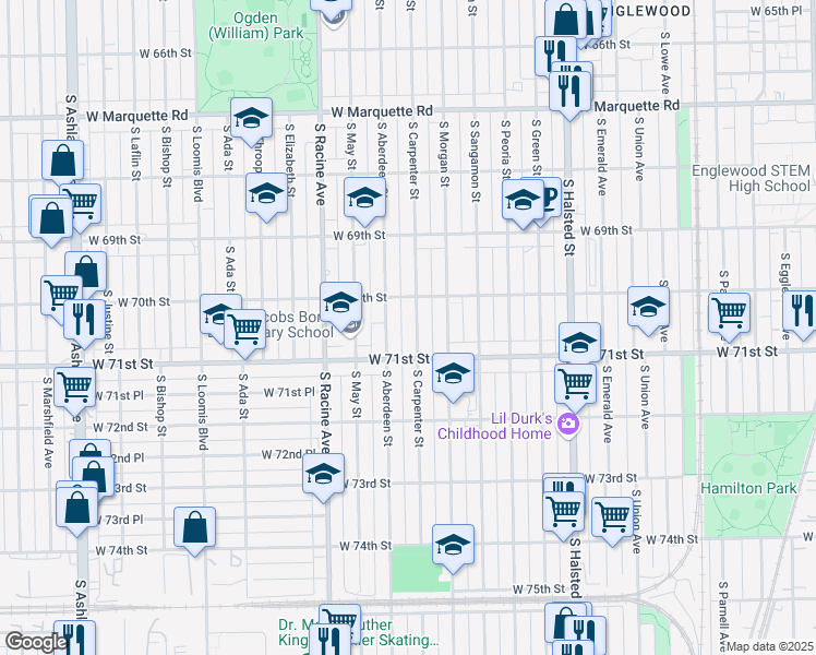 map of restaurants, bars, coffee shops, grocery stores, and more near 7028 South Carpenter Street in Chicago
