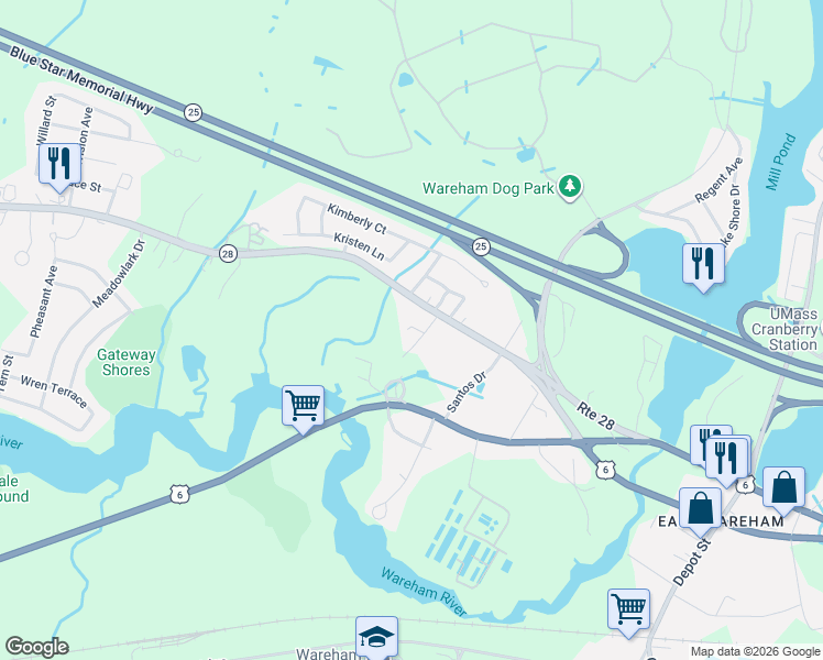 map of restaurants, bars, coffee shops, grocery stores, and more near 6R Gilbert Way in Wareham