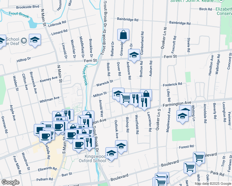 map of restaurants, bars, coffee shops, grocery stores, and more near 133A Milton Street in West Hartford