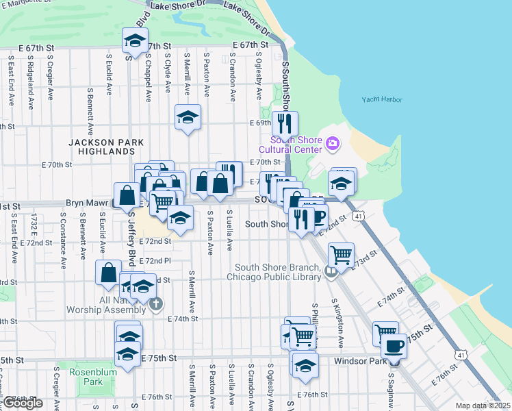 map of restaurants, bars, coffee shops, grocery stores, and more near 2311 East 71st Street in Chicago