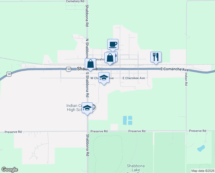 map of restaurants, bars, coffee shops, grocery stores, and more near 301 West Cherokee Avenue in Shabbona