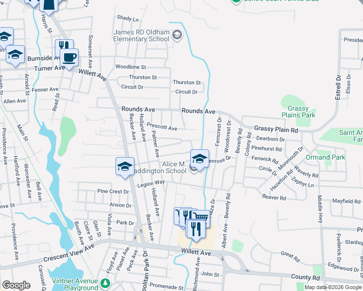 map of restaurants, bars, coffee shops, grocery stores, and more near 8 Robin Hood Drive in East Providence