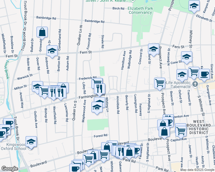 map of restaurants, bars, coffee shops, grocery stores, and more near 55 West Hill Drive in West Hartford