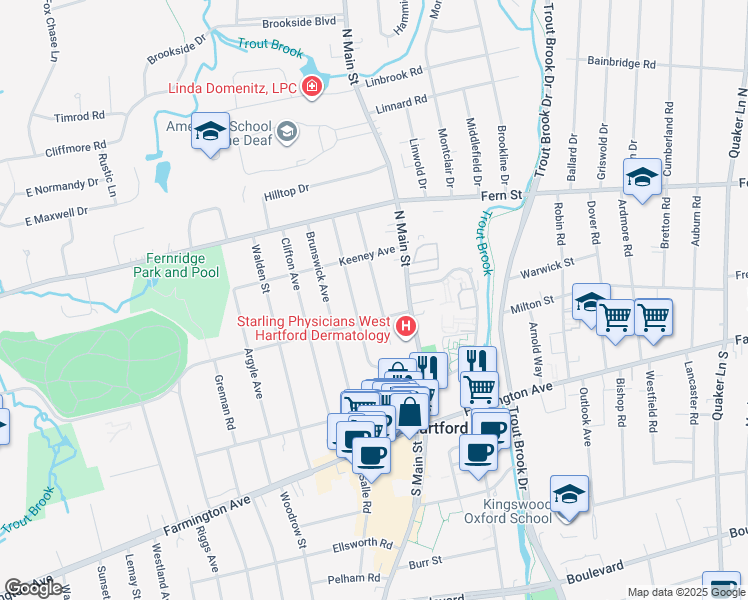 map of restaurants, bars, coffee shops, grocery stores, and more near 71 Sylvan Avenue in West Hartford