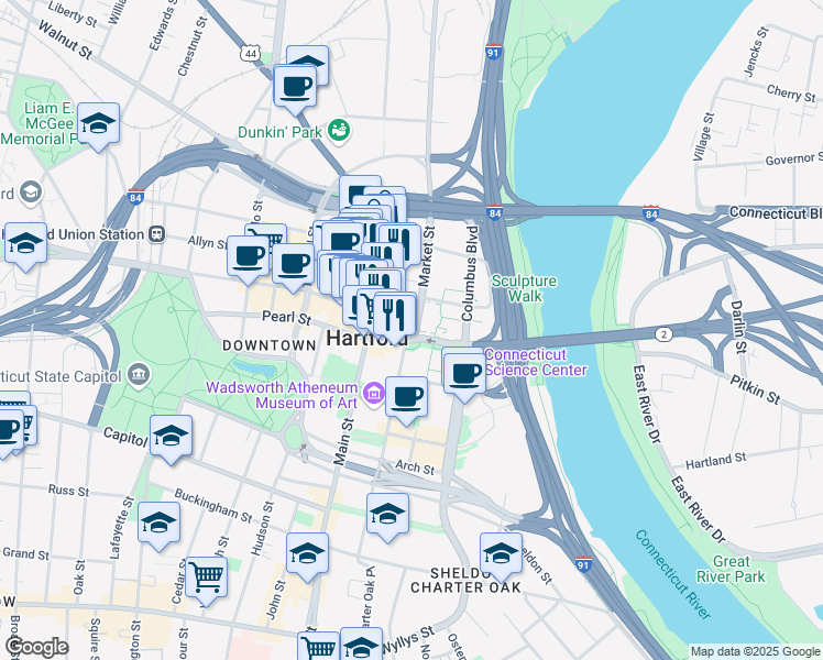 map of restaurants, bars, coffee shops, grocery stores, and more near 90 State House Square in Hartford