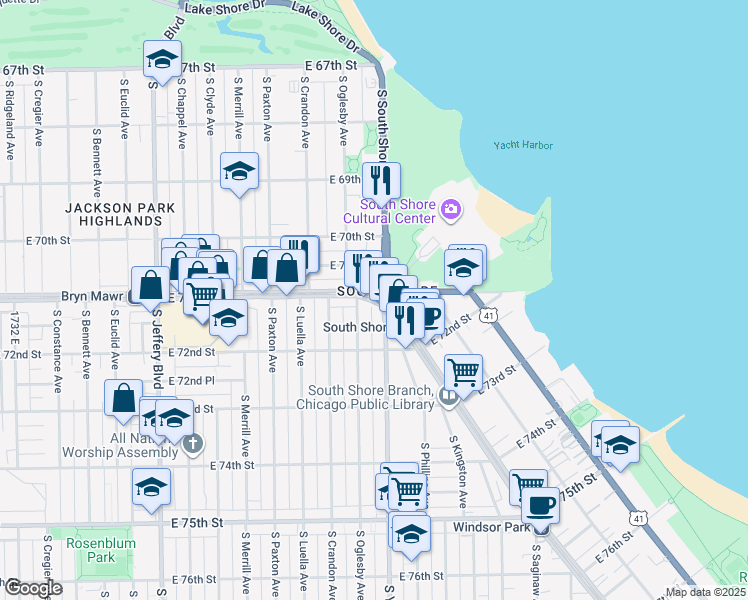 map of restaurants, bars, coffee shops, grocery stores, and more near 2041 East 71st Street in Chicago