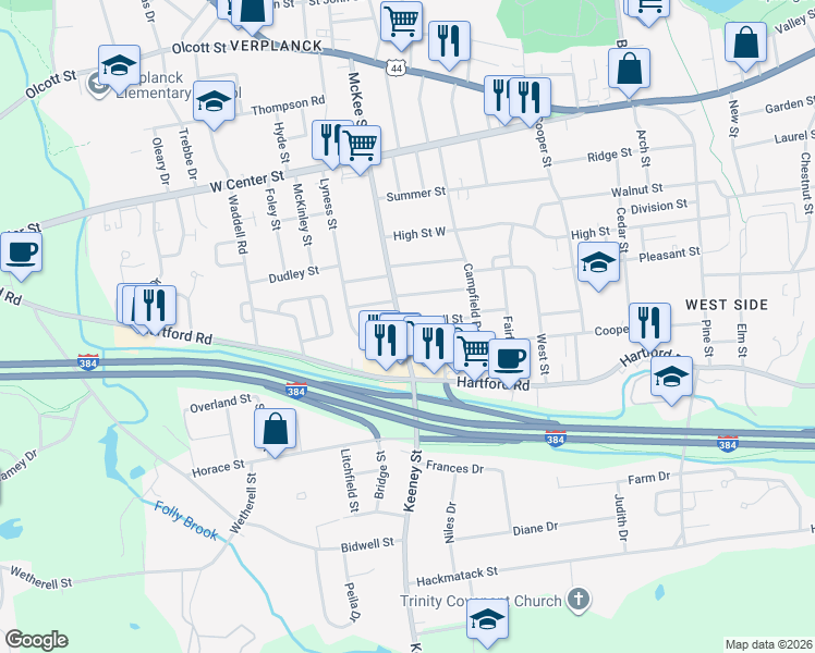 map of restaurants, bars, coffee shops, grocery stores, and more near 227 McKee Street in Manchester