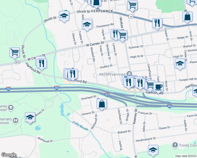 map of restaurants, bars, coffee shops, grocery stores, and more near 113 Waddell Road in Manchester