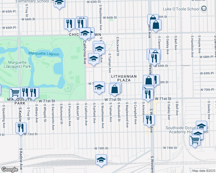 map of restaurants, bars, coffee shops, grocery stores, and more near 7008 South Talman Avenue in Chicago
