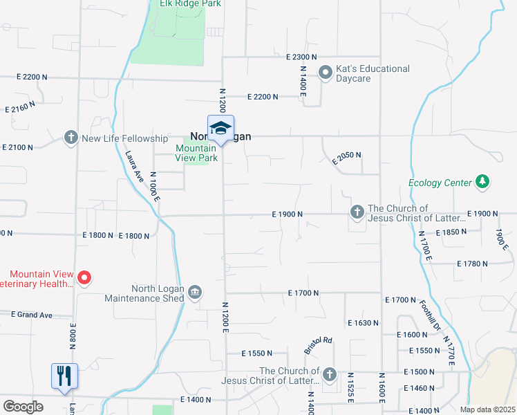map of restaurants, bars, coffee shops, grocery stores, and more near 1275 East 1900 North in North Logan