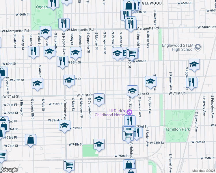 map of restaurants, bars, coffee shops, grocery stores, and more near 7031 South Sangamon Street in Chicago